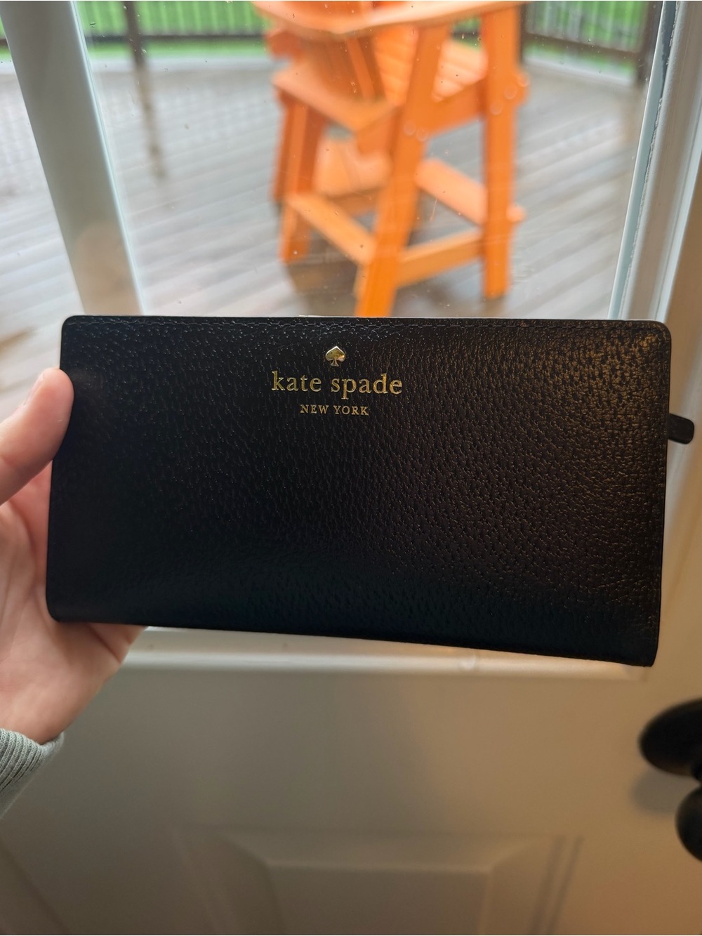 kate spade New York Black Leather Zip-Around Wallet with Gold Logo